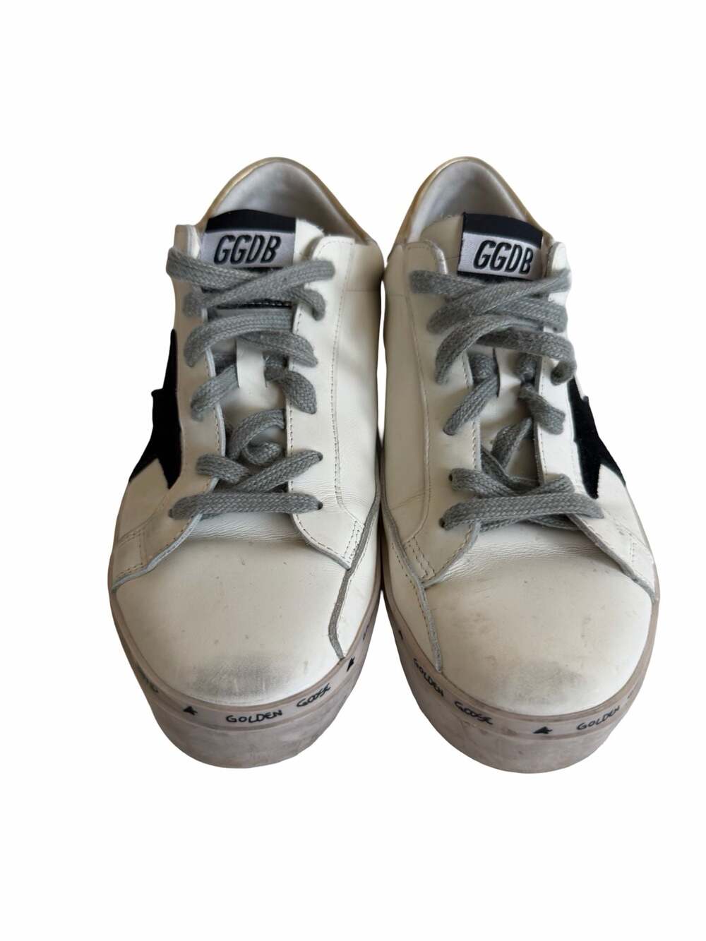 Golden Goose Hi Star Platform Sneakers White Leather Black Star Gold Heel - Picture 2 of 6